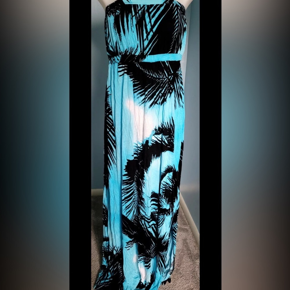 New York & Company Tropical Blue and Black Maxi Dress